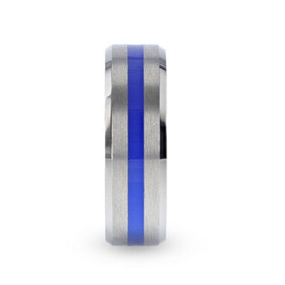 BARRY Blue Stripe Inlaid Titanium Flat Brushed Men's Wedding Ring With Beveled Polished Edges - 8mm - Thorsten Rings