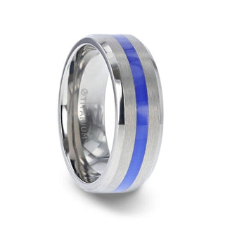 BARRY Blue Stripe Inlaid Titanium Flat Brushed Men's Wedding Ring With Beveled Polished Edges - 8mm - Thorsten Rings