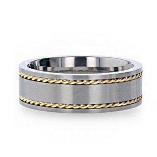 FERDINAND Titanium Brushed Finish Flat Men's Wedding Ring With 14K Yellow Gold Dual Braided Inlay - 8mm - Thorsten Rings