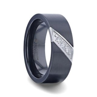 JAGUAR Flat Brushed Black Titanium Men's Wedding Band With Small Silver-Coated Diagonal Design And A Set of 3 Diamonds - 8mm - Thorsten Rings