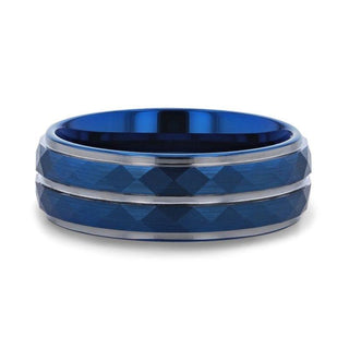 CARMEL Blue Ion Plated Tungsten Carbide Men's Ring With Faceted Center And Stepped Edges - 8mm - Thorsten Rings