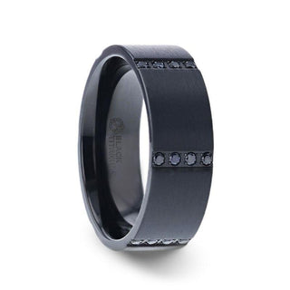 MYSTERIOUS Flat Brushed Black Titanium Men's Wedding Ring With 6 Sets of Quadruple Black Sapphires In Horizontal Channels - 8mm - Thorsten Rings