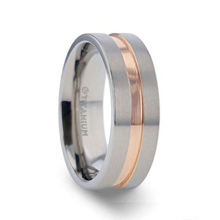 MARS Titanium Flat Brushed Finished Men's Wedding Ring With Rose Gold Plated Groove Center - 8mm - Thorsten Rings