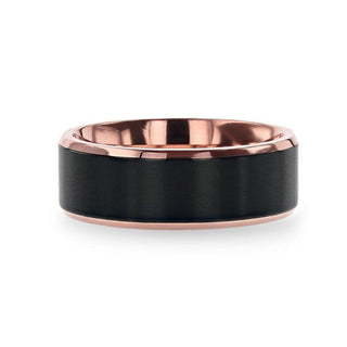 STEPHEN Rose Gold Plated Black Titanium Flat Brushed Center Men's Wedding Ring With Beveled Polished Edges - 6mm & 8mm - Thorsten Rings