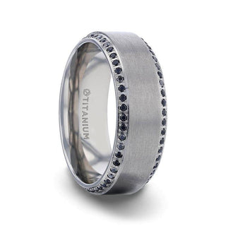 CHAMPION Flat Brushed Center Titanium Men's Wedding Band with Black Sapphire Polished Beveled Edges - 8mm - Thorsten Rings