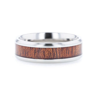 MELIA Mahogany Wood Inlaid Titanium Flat Polished Finish Men's Wedding Ring With Beveled Edges - 8mm - Thorsten Rings