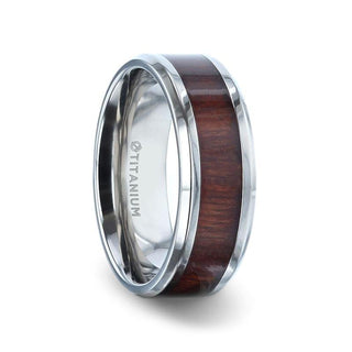 SEQUIOA Red Wood Inlaid Titanium Flat Polished Finish Men's Wedding Ring With Beveled Edges - 8mm - Thorsten Rings