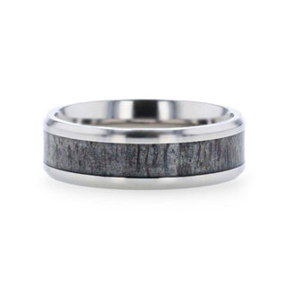 MELANISTIC Dark Deer Antler Inlaid Titanium Flat Polished Finish Men's Wedding Band With Beveled Edges - 8mm - Thorsten Rings