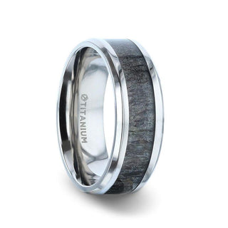 MELANISTIC Dark Deer Antler Inlaid Titanium Flat Polished Finish Men's Wedding Band With Beveled Edges - 8mm - Thorsten Rings