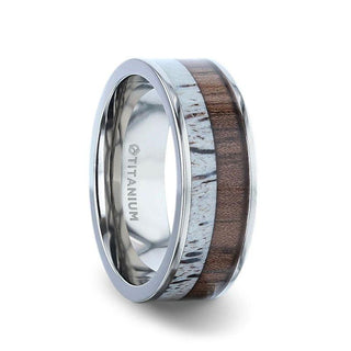 DARBY Titanium Polished Finish Flat Men's Wedding Ring With Deer Antler And Black Walnut Wood Inlay - 8mm - Thorsten Rings