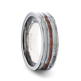 TRIPOLI Wood Inlaid Titanium Flat Polished Finish Men's Wedding Ring With White Double Deer Antler Edges - 8mm - Thorsten Rings