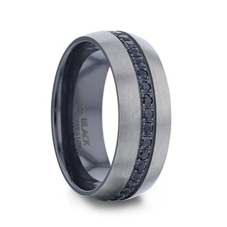 AVIATOR Domed Brushed Titanium Men's Wedding Band with Black Sapphire Stones Inlay - 8mm - Thorsten Rings