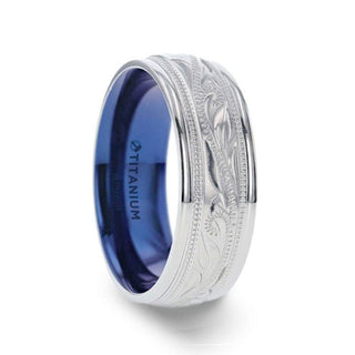 MARINER Titanium Milgrain Engraved Finish Men 's Wedding Ring with Blue Plating Inside- 8mm - Thorsten Rings