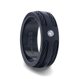 NOIR Double Black Rope Inlaid Brushed Matte Black Titanium Men's Wedding Band With Black Edge Channel Setting And White Diamond In The Center - 8mm - Thorsten Rings