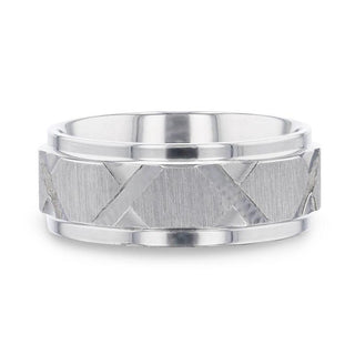 VIRAGE Raised Horizontal Etch and Diagon-Shaped Cuts Centered Titanium Men's Wedding Ring With Polished Step Edges - 8mm - Thorsten Rings