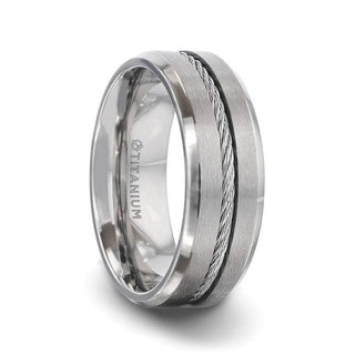 ALBERT Steel Cable Inlaid Brushed Center Titanium Men's Wedding Band With With Beveled Polished Edges - 8mm - Thorsten Rings