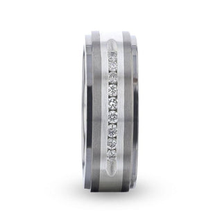 BOND Flat Brushed Silver Inlaid Titanium Men's Wedding Band With 9 Channel Set White Diamonds - 8mm - Thorsten Rings