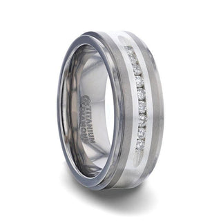 BOND Flat Brushed Silver Inlaid Titanium Men's Wedding Band With 9 Channel Set White Diamonds - 8mm - Thorsten Rings