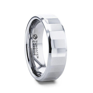 REFLECTOR Faceted Polished Center Tungsten Men's Wedding Band With Polished Beveled Edges - 8mm - Thorsten Rings