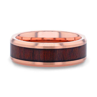 DYLAN Rose Gold Plated Koa Wood Inlaid Tungsten Men's Wedding Band With Beveled Polished Edges - 8mm - Thorsten Rings