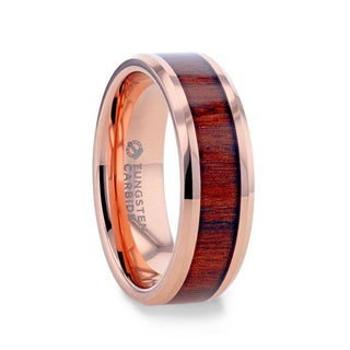 DYLAN Rose Gold Plated Koa Wood Inlaid Tungsten Men's Wedding Band With Beveled Polished Edges - 8mm - Thorsten Rings