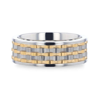 MONTROSE Wavy Gold And Gunmetal Texture Pattern Inlaid Titanium Men's Wedding Band With Flat Polished Profile - 8mm - Thorsten Rings