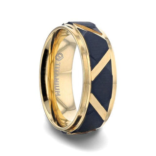 FLEMING Yellow Gold Polished Step Edged Titanium Men's Wedding Band With Matte Black Raised Horizontal Etches and Diagonal-Shape Cut Inlay - 8mm - Thorsten Rings