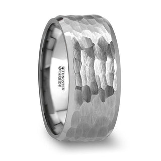 MARTEL White Tungsten Ring with Hammered Finish and Polished Bevels - 10mm - Thorsten Rings