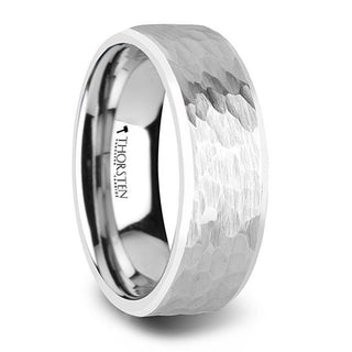 MARTEL White Tungsten Ring with Hammered Finish and Polished Bevels - 10mm - Thorsten Rings