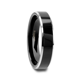 VALENCIA Women's Black Tungsten Ring with Polished Finish and White Tungsten Bevels - 4mm - Thorsten Rings