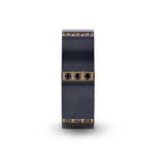 MURAMASA Flat Brushed Black Titanium Ring Gold Plated Inside with 6 Gold Plated Stainless Steel Bezels Triple Black Diamond Setting - 8mm - Thorsten Rings