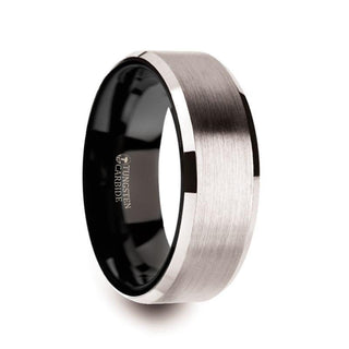 VEGA White Tungsten Brushed Center Men’s Wedding Ring with Polished Beveled Edges & Black Interior - 8mm - Thorsten Rings