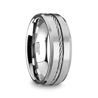 LANNISTER Men’s Tungsten Flat Wedding Band with Steel Wire Cable Inlay & Beveled Edges - 8mm - Thorsten Rings