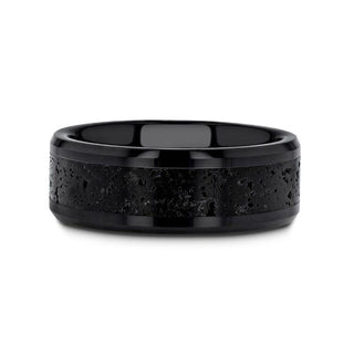 VESUVIUS Men’s Polished Black Ceramic Wedding Band with Black & Gray Lava Rock Stone Inlay & Polished Beveled Edges - 6mm & 8mm - Thorsten Rings