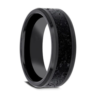 VESUVIUS Men’s Polished Black Ceramic Wedding Band with Black & Gray Lava Rock Stone Inlay & Polished Beveled Edges - 6mm & 8mm - Thorsten Rings