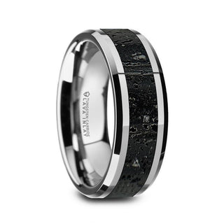 KILAUEA Men’s Polished Tungsten Wedding Band with Black & Gray Lava Rock Stone Inlay & Polished Beveled Edges - 8mm - Thorsten Rings