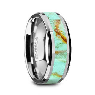 PIERRE Men’s Polished Tungsten Wedding Band with Light Blue Turquoise Stone Inlay & Polished Beveled Edges - 8mm - Thorsten Rings