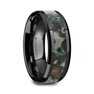 PROTOCERATOPS Black Ceramic Beveled Men's Wedding Band with Coprolite Fossil Inlay - 8mm - Thorsten Rings