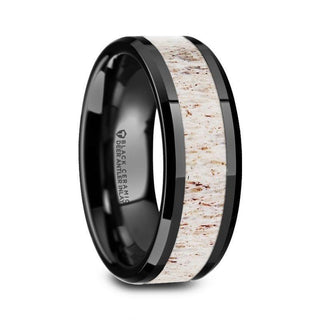 STAG Black Ceramic Beveled Men's Wedding Band with Off-White Antler Inlay - 8mm - Thorsten Rings