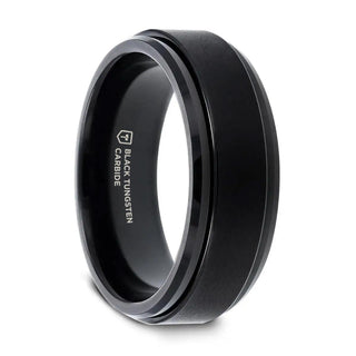 REVOLVE Black Tungsten Brushed Finish Spinner Ring Polished Base Spinning Wedding Band - 6mm & 8mm - Thorsten Rings