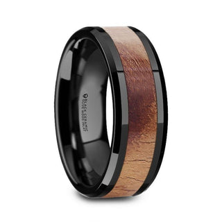 MARCUS Olive Wood Inlaid Black Ceramic Ring with Bevels - 6mm & 8mm - Thorsten Rings