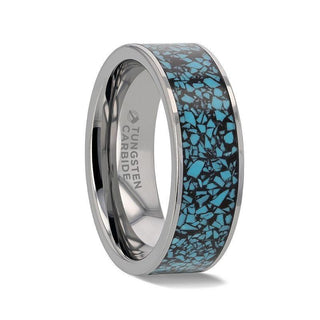 TURKUAZ Crushed Turquoise Inlay Tungsten Men's Wedding Band With Flat Polished Edges - 8mm - Thorsten Rings