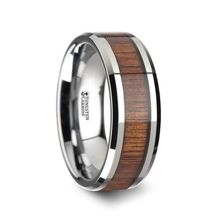 KONA Koa Wood Inlaid Tungsten Carbide Ring with Bevels - 10mm - Thorsten Rings