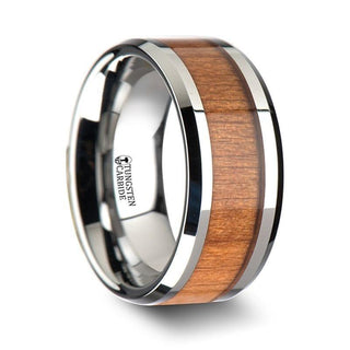 BRUNSWICK Tungsten Wedding Ring with Polished Bevels and American Cherry Wood Inlay - 6mm - 10mm - Thorsten Rings
