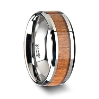 BRUNSWICK Tungsten Wedding Ring with Polished Bevels and American Cherry Wood Inlay - 6mm - 10mm - Thorsten Rings