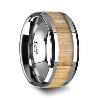 SAMARA Tungsten Ring with Polished Bevels and Real Wood Ash Wood Inlay - 6mm - 10mm - Thorsten Rings