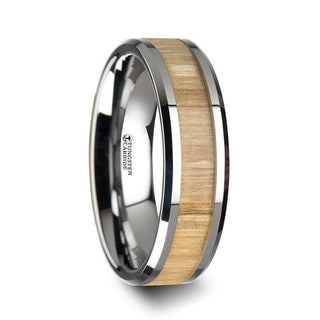 SAMARA Tungsten Ring with Polished Bevels and Real Wood Ash Wood Inlay - 6mm - 10mm - Thorsten Rings