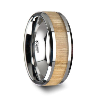 SAMARA Tungsten Ring with Polished Bevels and Real Wood Ash Wood Inlay - 6mm - 10mm - Thorsten Rings