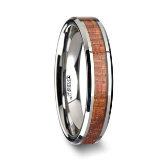 KHAYA Tungsten Band with Polished Bevels and Real Hardwood Mahogany Inlay - 4mm - Thorsten Rings