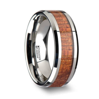 KHAYA Tungsten Band with Polished Bevels and Real Hardwood Mahogany Inlay - 4mm - Thorsten Rings